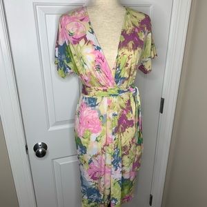 BCBG Avery Spring Floral Pink Wrap Tie Dress Sz M